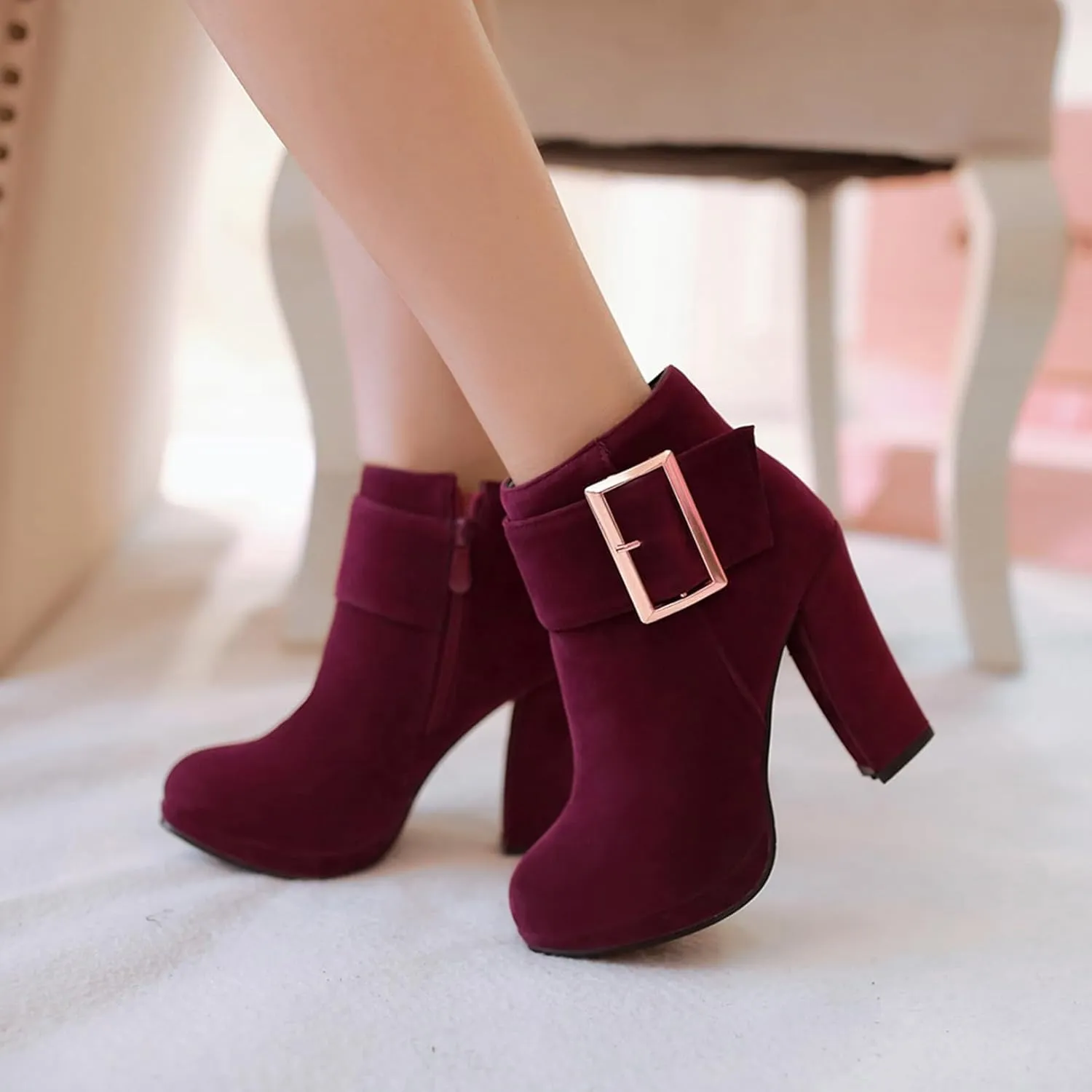 Asterisco Women Block Heel Ankle Boots With Platform High Heel Booties Round Toe Zip Dress Boots Velvet, Size 2-10