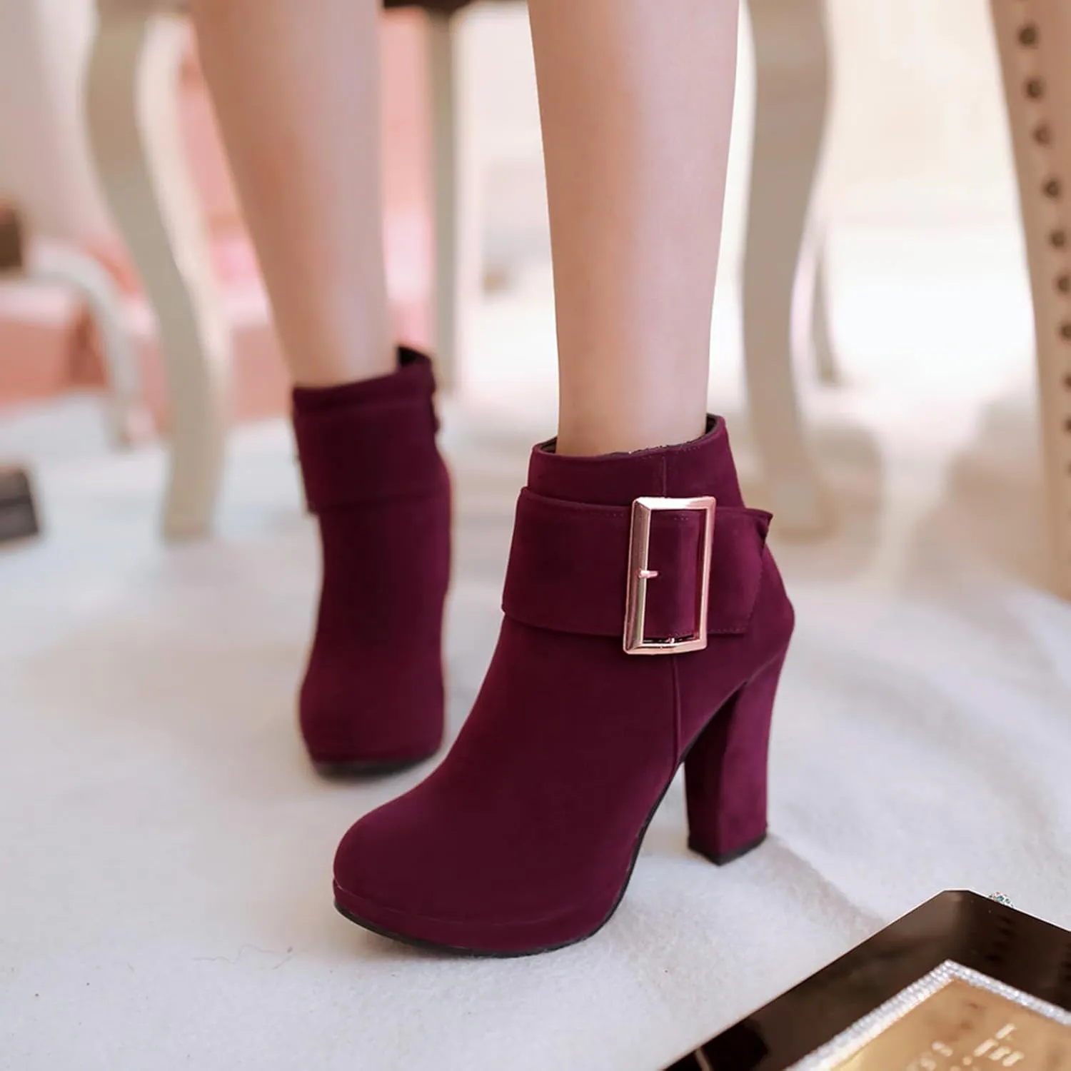 Asterisco Women Block Heel Ankle Boots With Platform High Heel Booties Round Toe Zip Dress Boots Velvet, Size 2-10