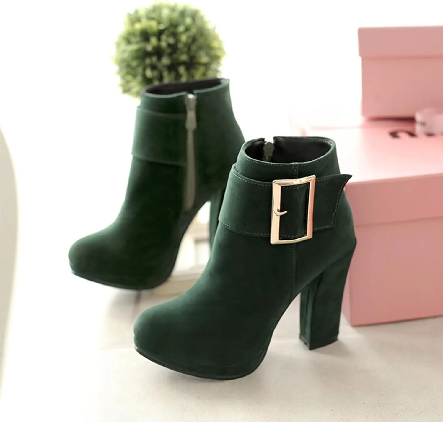 Asterisco Women Block Heel Ankle Boots With Platform High Heel Booties Round Toe Zip Dress Boots Velvet, Size 2-10