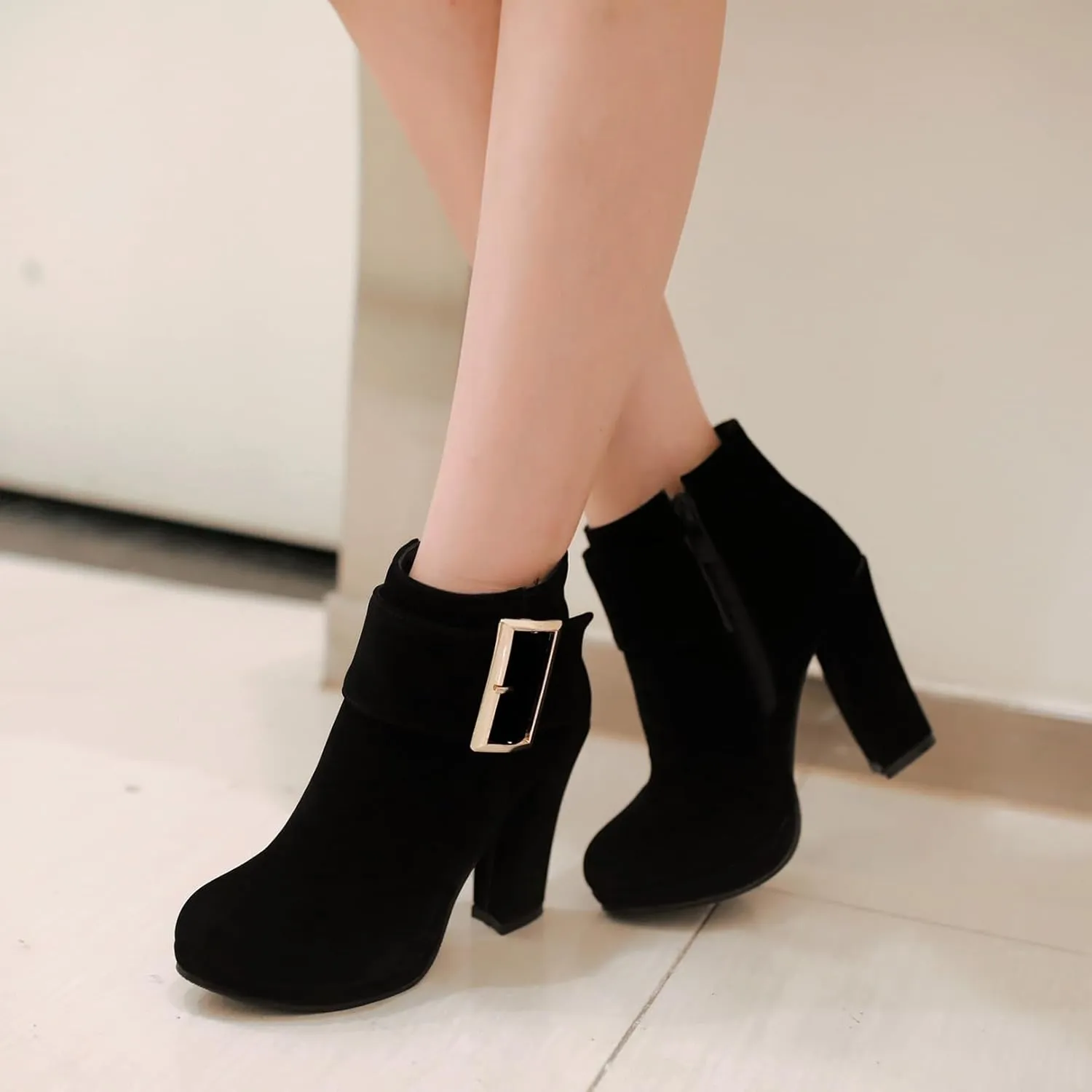Asterisco Women Block Heel Ankle Boots With Platform High Heel Booties Round Toe Zip Dress Boots Velvet, Size 2-10