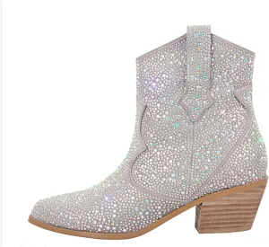 Atuelang Women's Rhinestone Cowboy Boots Sparkly Knee High Boots Fashion Pointed Toe Block Heel Mid Calf Cowgirl Short Ankle Booties