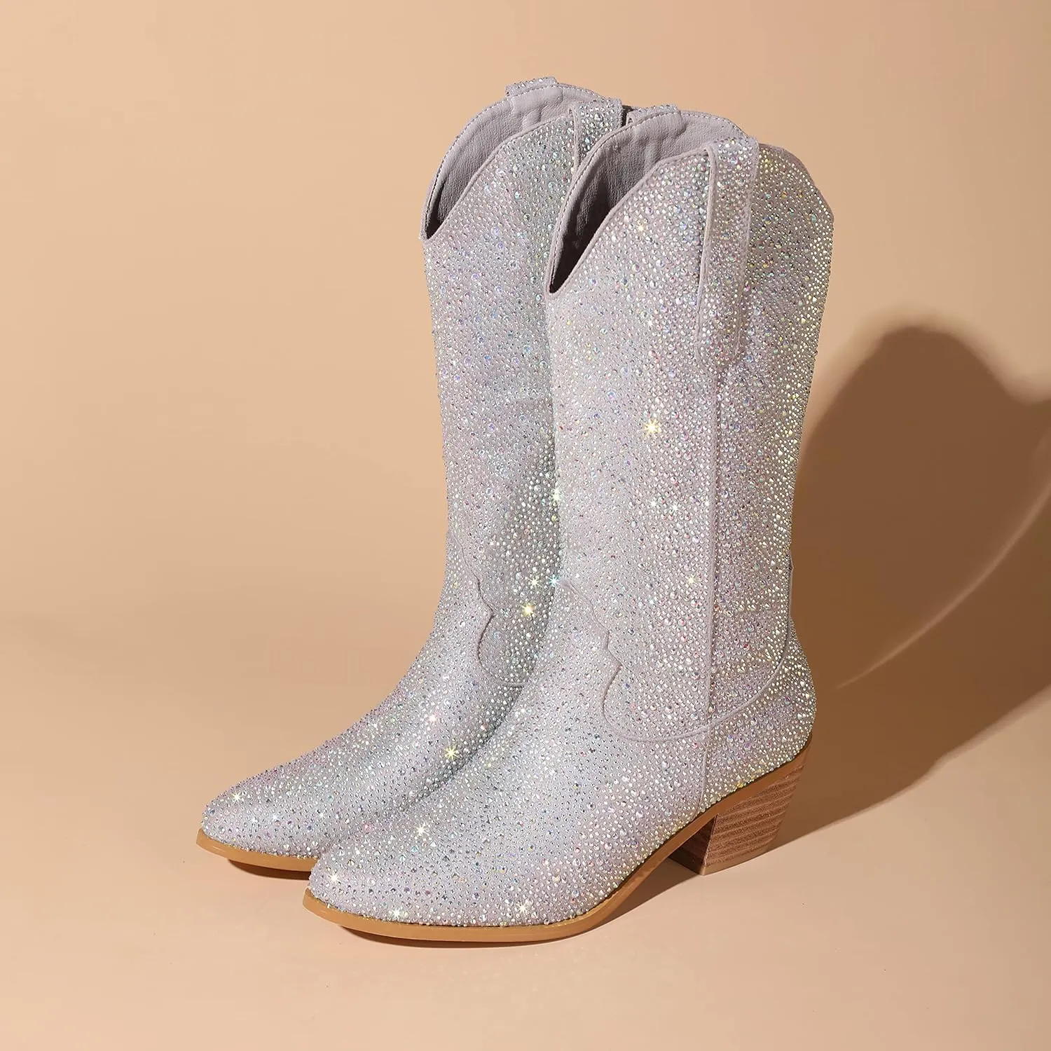 Atuelang Women's Rhinestone Cowboy Boots Sparkly Knee High Boots Fashion Pointed Toe Block Heel Mid Calf Cowgirl Short Ankle Booties