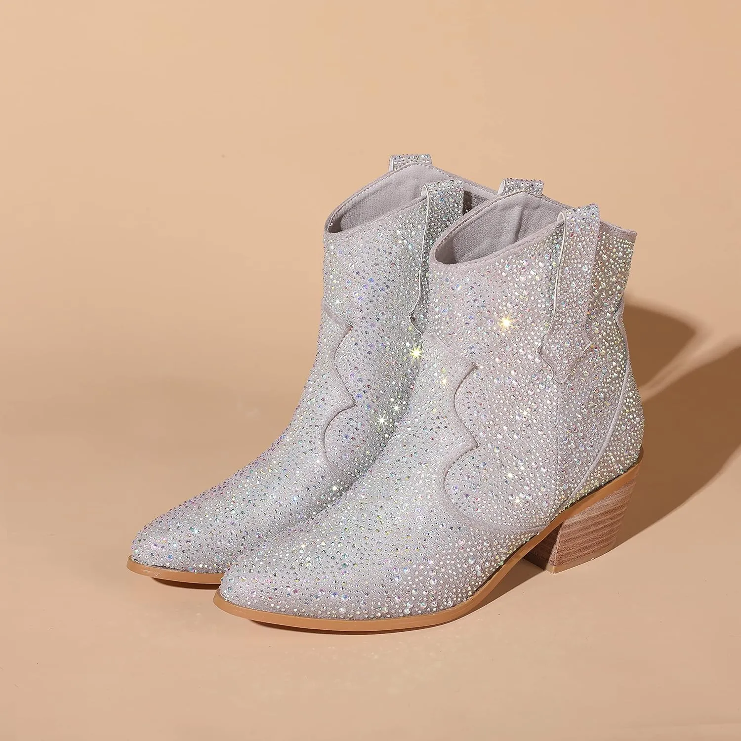 Atuelang Women's Rhinestone Cowboy Boots Sparkly Knee High Boots Fashion Pointed Toe Block Heel Mid Calf Cowgirl Short Ankle Booties