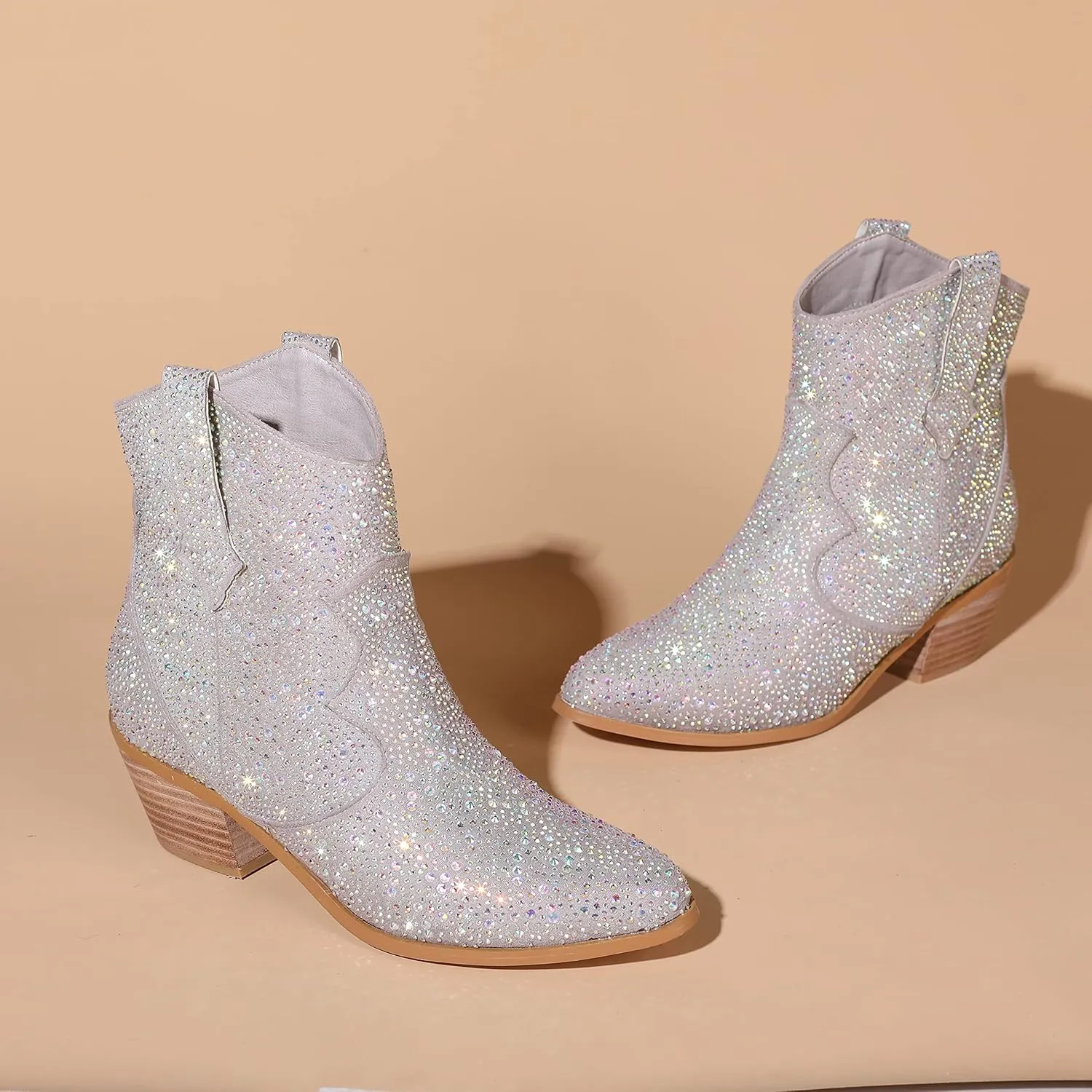 Atuelang Women's Rhinestone Cowboy Boots Sparkly Knee High Boots Fashion Pointed Toe Block Heel Mid Calf Cowgirl Short Ankle Booties