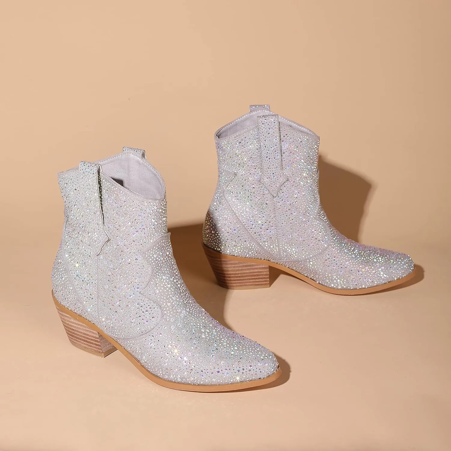 Atuelang Women's Rhinestone Cowboy Boots Sparkly Knee High Boots Fashion Pointed Toe Block Heel Mid Calf Cowgirl Short Ankle Booties