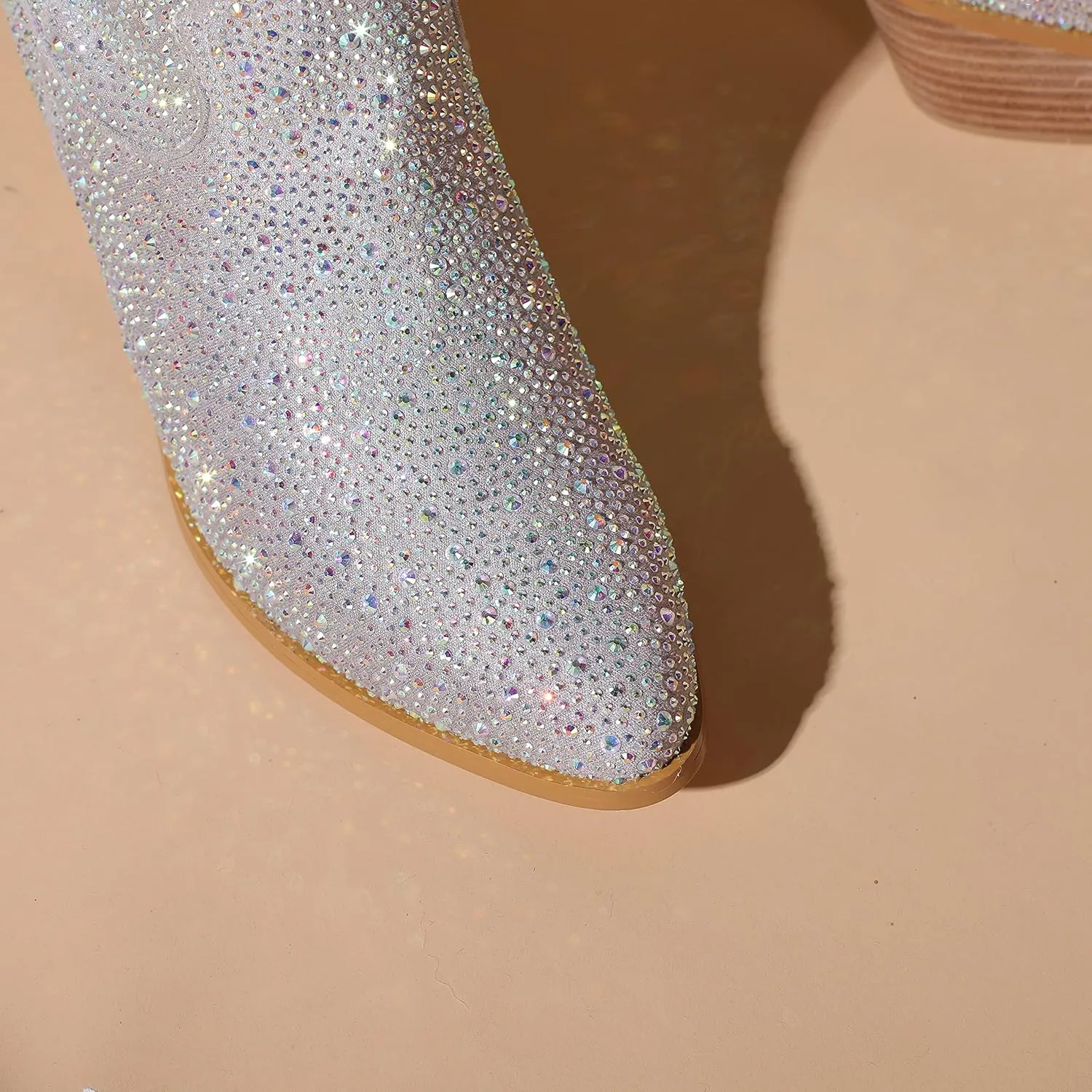 Atuelang Women's Rhinestone Cowboy Boots Sparkly Knee High Boots Fashion Pointed Toe Block Heel Mid Calf Cowgirl Short Ankle Booties