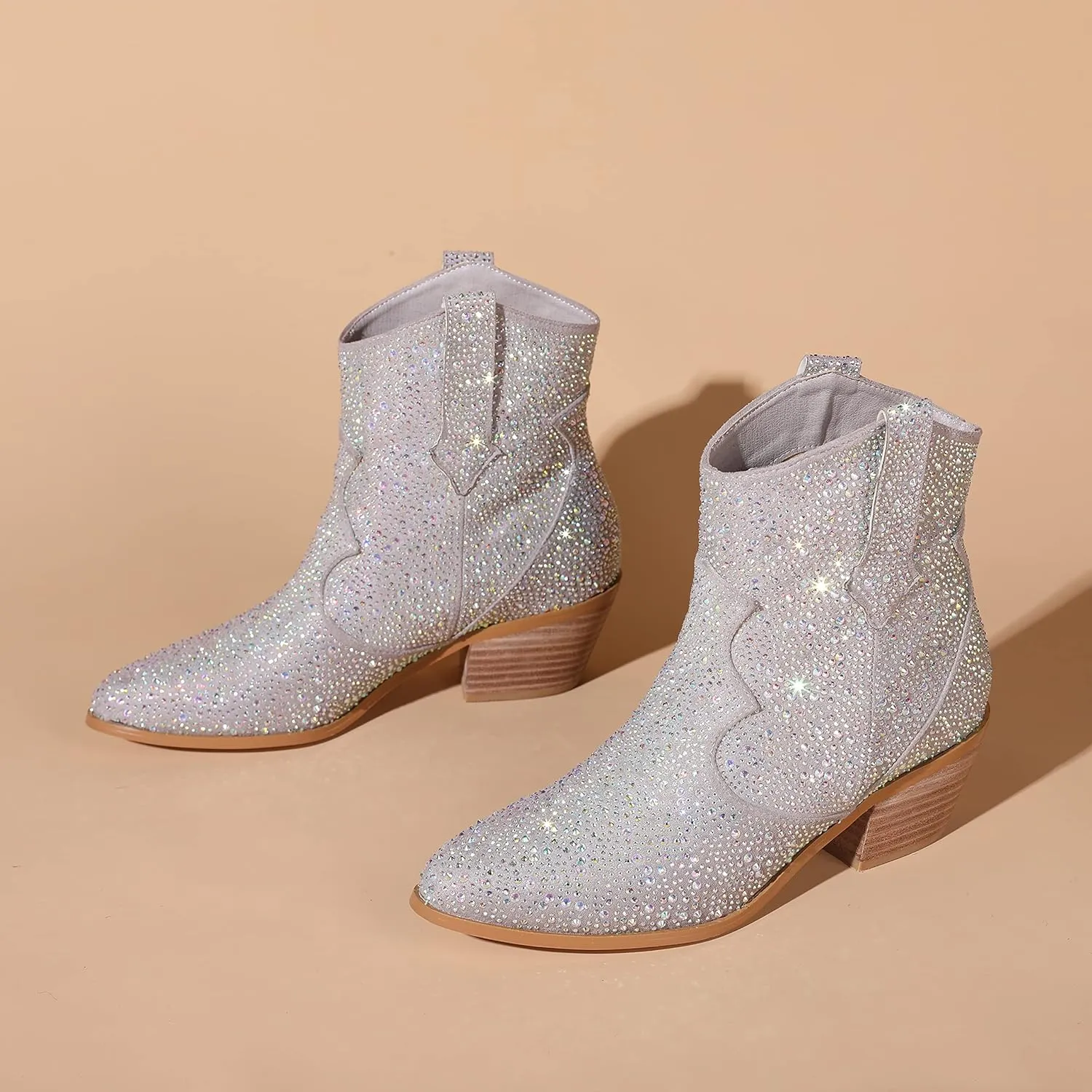 Atuelang Women's Rhinestone Cowboy Boots Sparkly Knee High Boots Fashion Pointed Toe Block Heel Mid Calf Cowgirl Short Ankle Booties