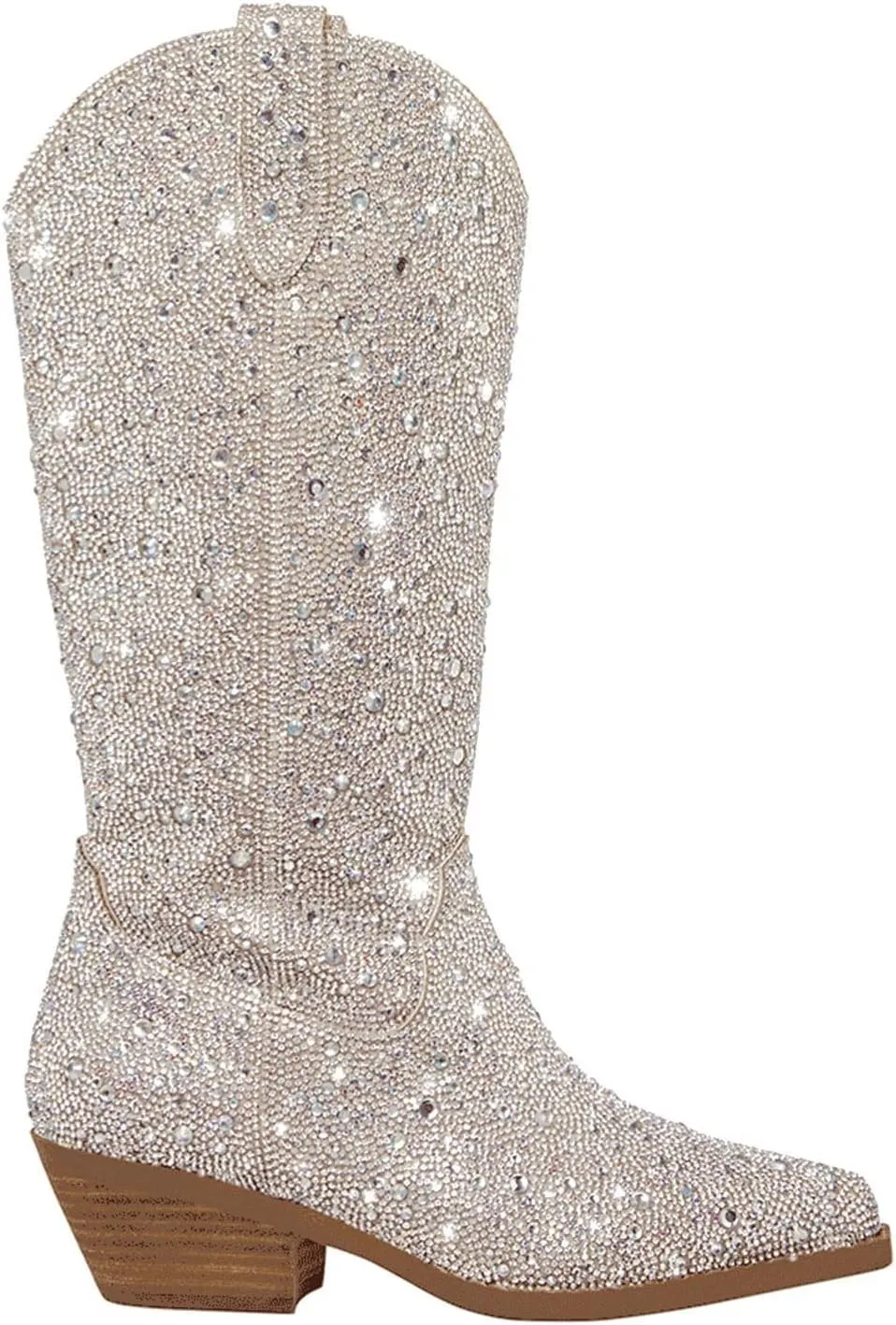 Atuelang Women's Rhinestone Cowboy Boots Sparkly Knee High Boots Fashion Pointed Toe Block Heel Mid Calf Cowgirl Short Ankle Booties