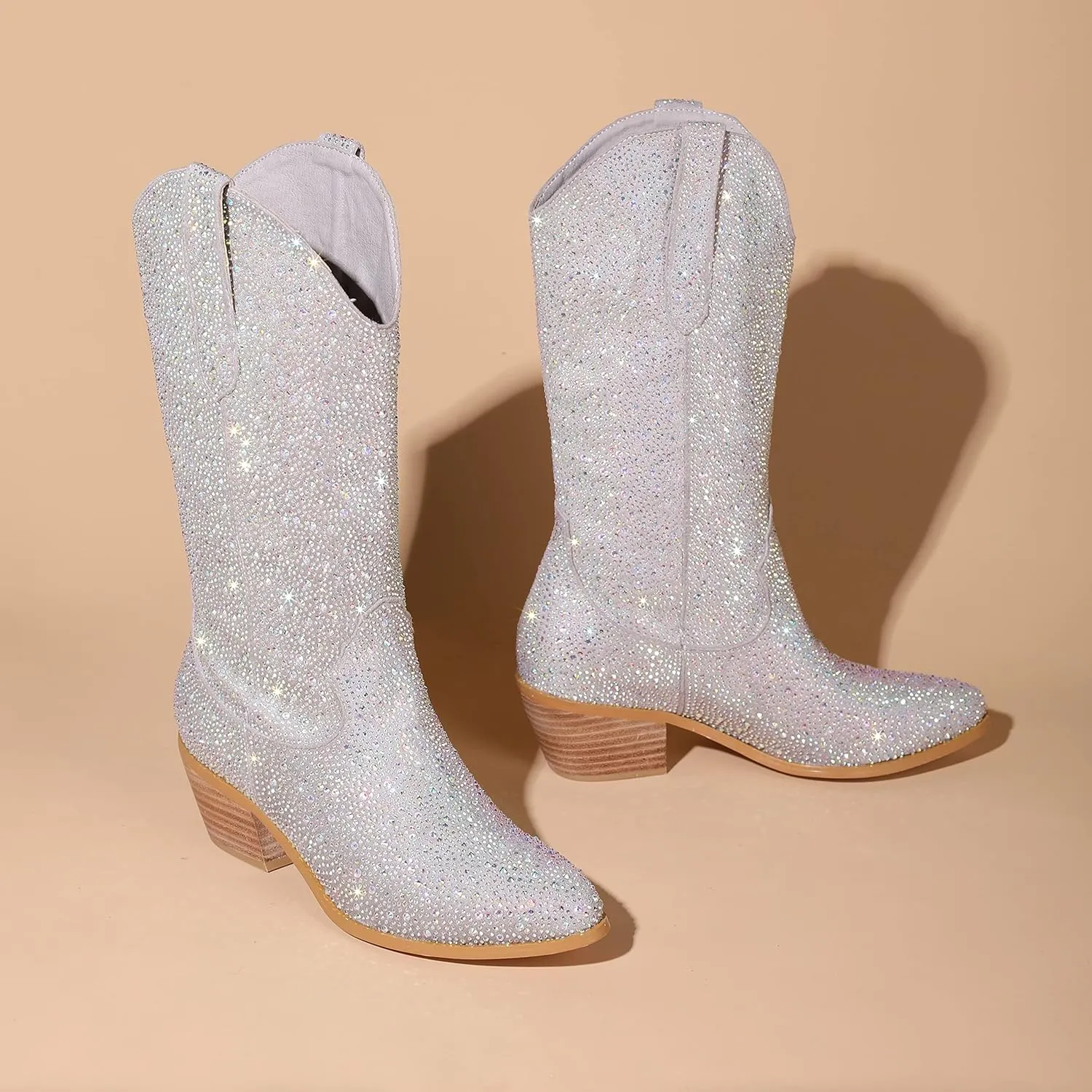 Atuelang Women's Rhinestone Cowboy Boots Sparkly Knee High Boots Fashion Pointed Toe Block Heel Mid Calf Cowgirl Short Ankle Booties