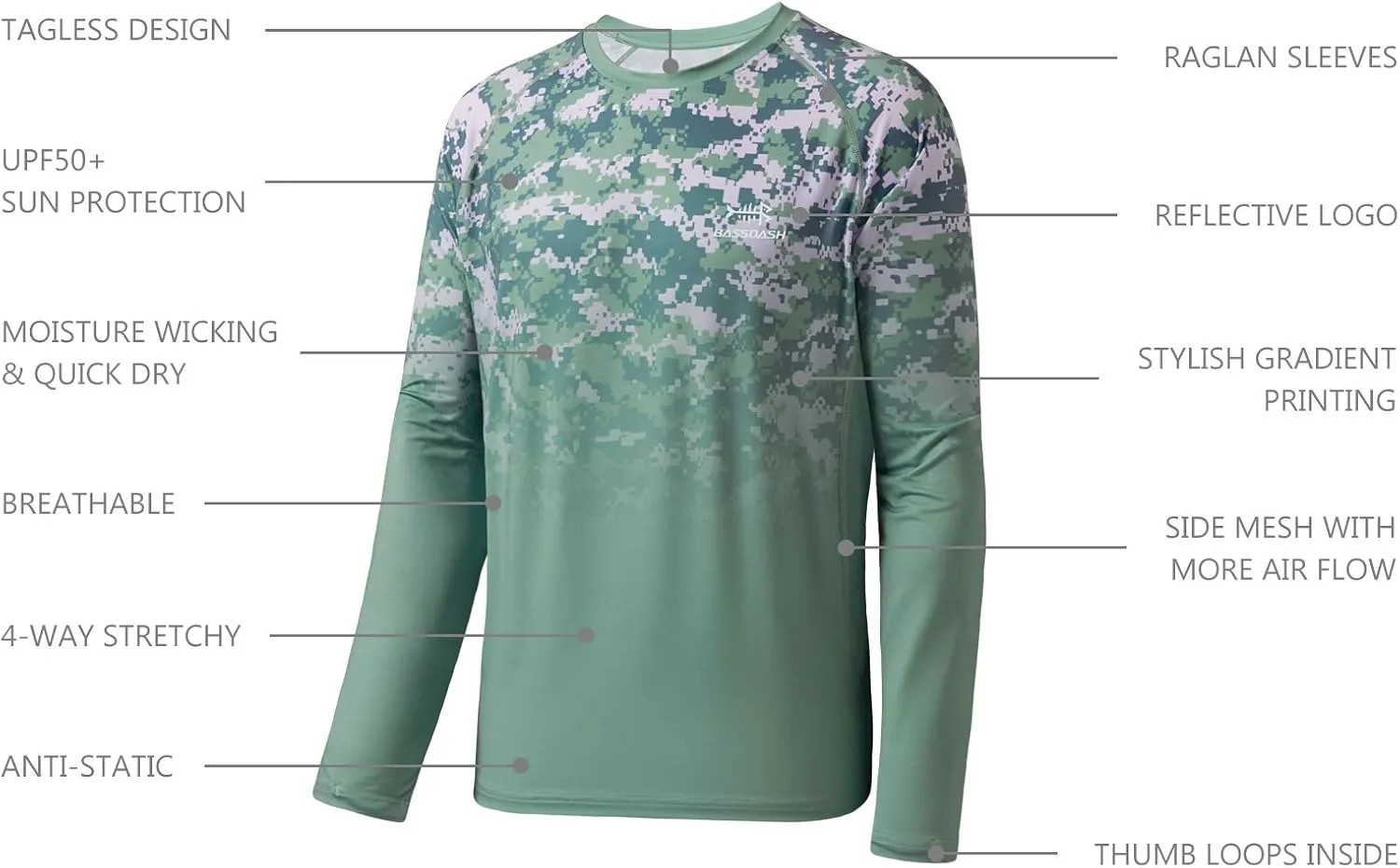 BASSDASH FS14M Men's Camo Gradient Performance Long Sleeve Fishing Shirt UPF50 