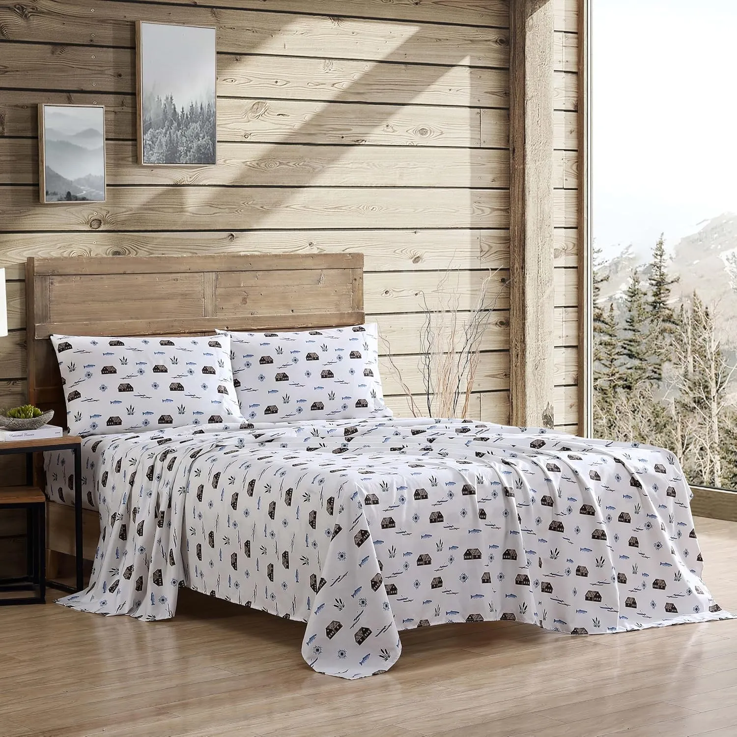 Beatrice Home Fashions Cozy Cabin 4-Piece Full Microfiber Bedding Sheet Set with Deep Pockets Rustic Patchwork Plaid Deer, Lake Day