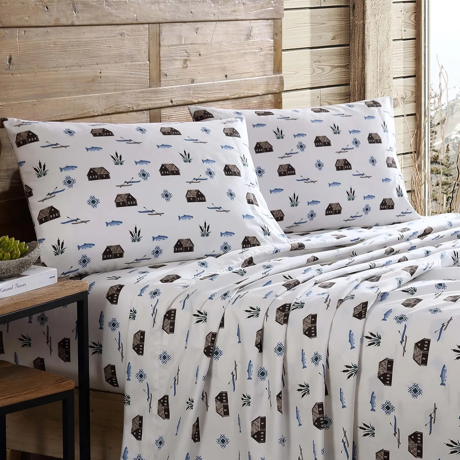 Beatrice Home Fashions Cozy Cabin 4-Piece Full Microfiber Bedding Sheet Set with Deep Pockets Rustic Patchwork Plaid Deer, Lake Day