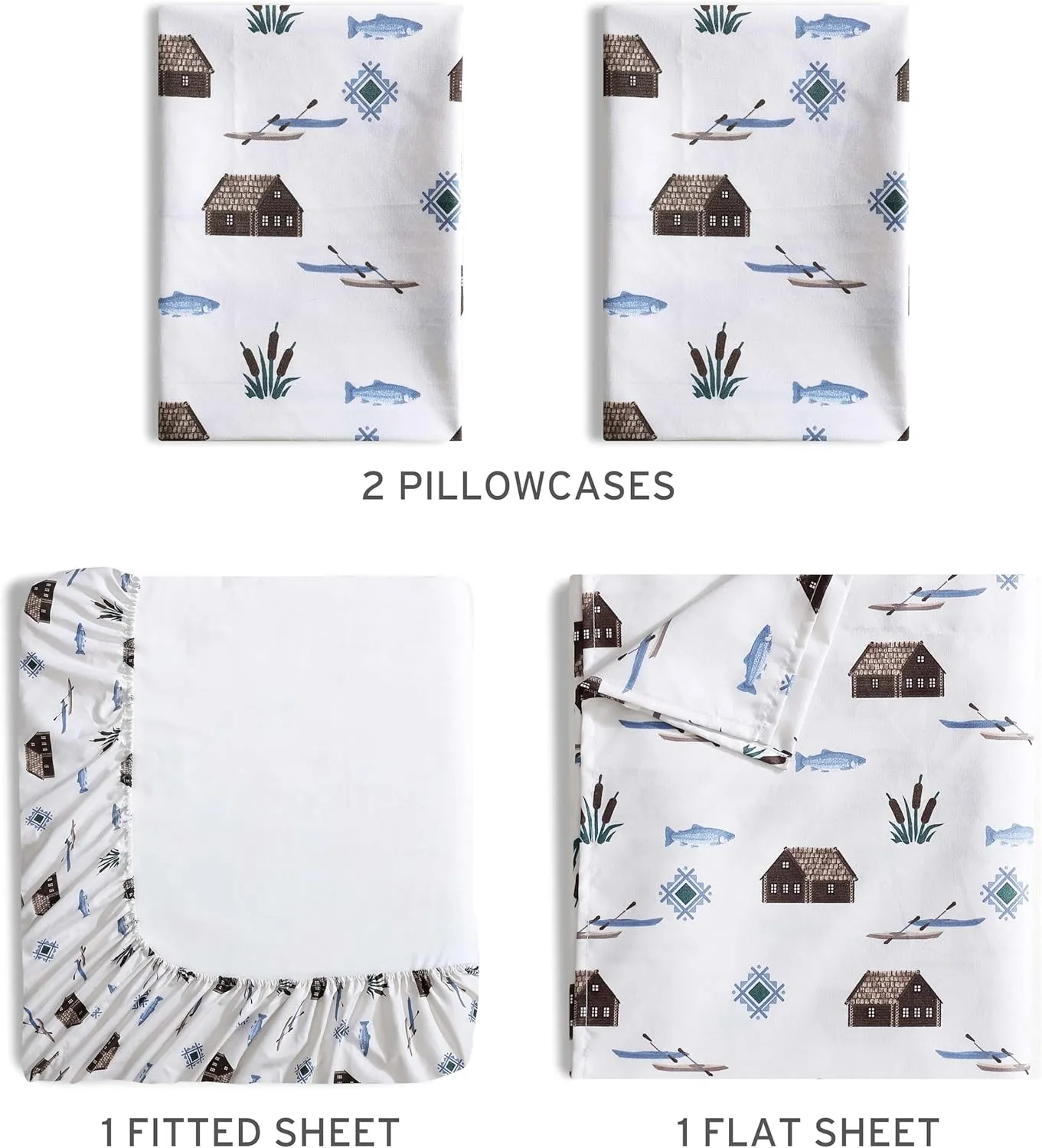 Beatrice Home Fashions Cozy Cabin 4-Piece Full Microfiber Bedding Sheet Set with Deep Pockets Rustic Patchwork Plaid Deer, Lake Day