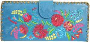 Beautiful Spanish Floral Embroidered Colorful Festive Faux Leather large flat wallet (Blue)