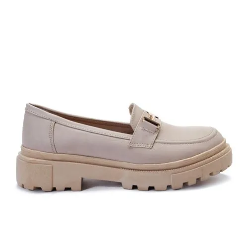 Beige Chunky Platform Loafers with Gold Hardware