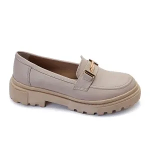 Beige Chunky Platform Loafers with Gold Hardware