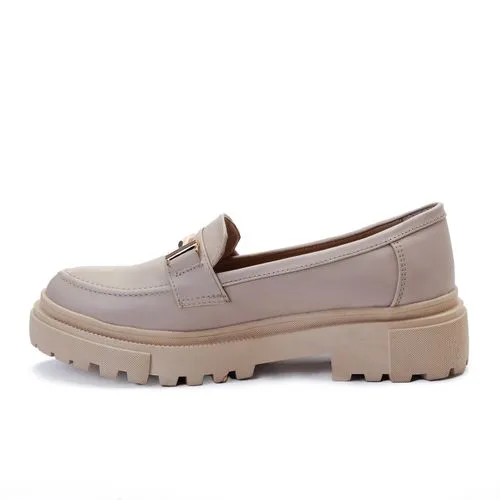 Beige Chunky Platform Loafers with Gold Hardware