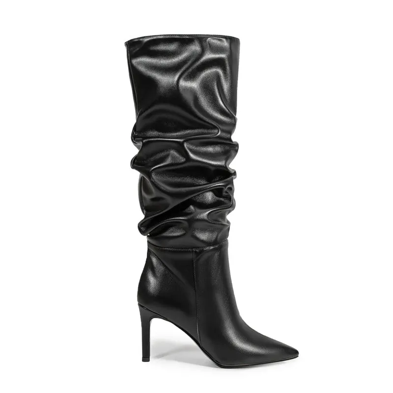 Black Pointed Toe Stiletto Heel Mid-calf Boots Slouch Boots