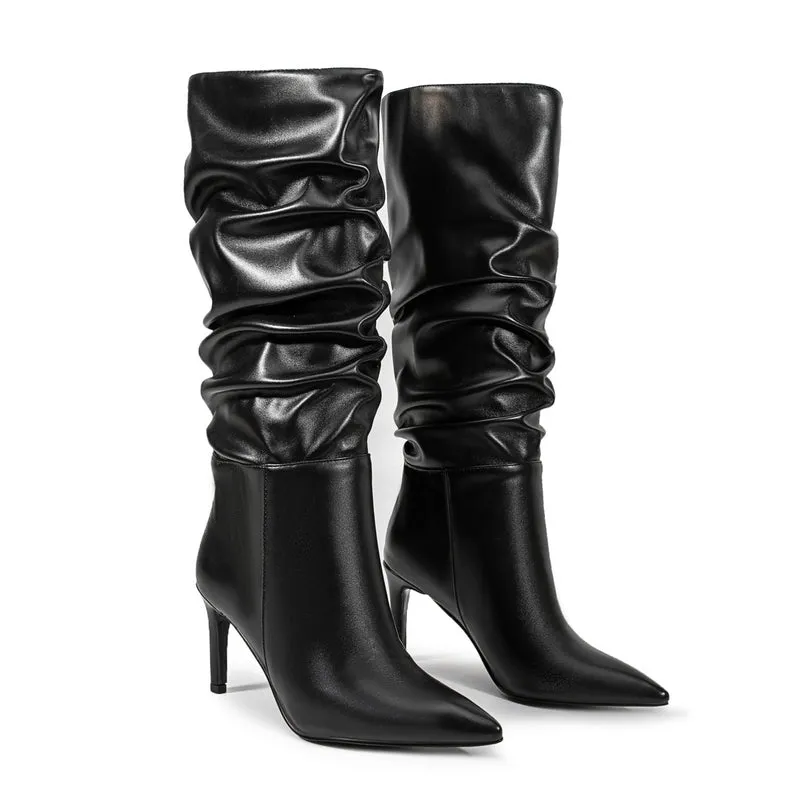 Black Pointed Toe Stiletto Heel Mid-calf Boots Slouch Boots