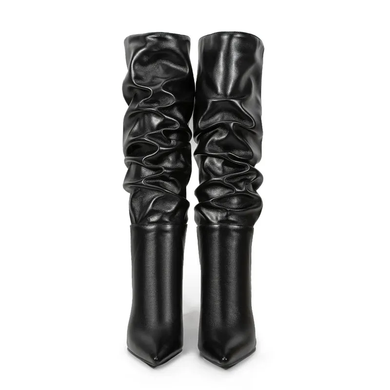 Black Pointed Toe Stiletto Heel Mid-calf Boots Slouch Boots