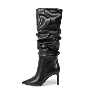 Black Pointed Toe Stiletto Heel Mid-calf Boots Slouch Boots