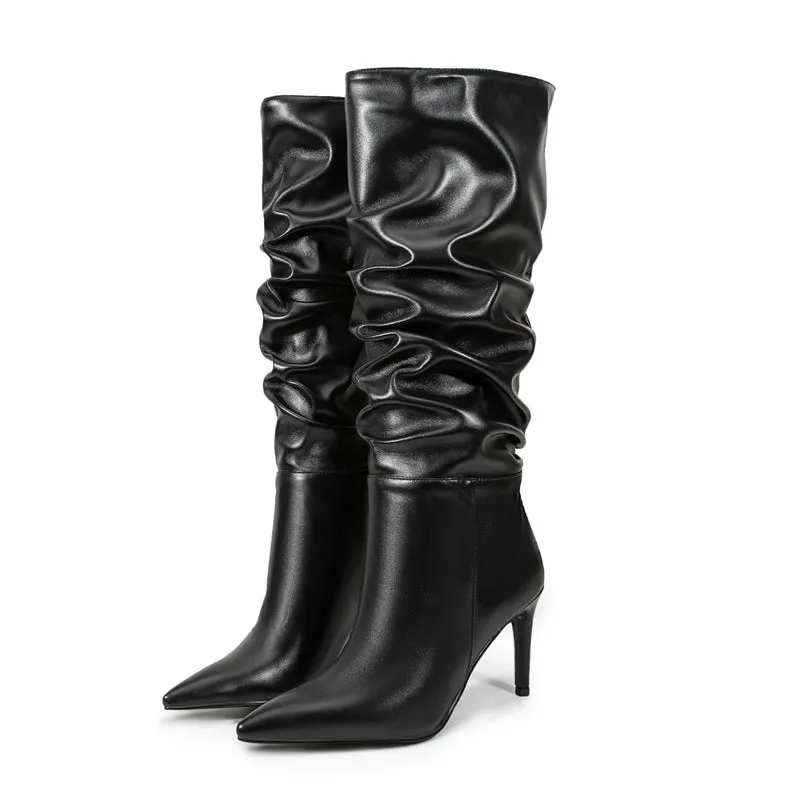 Black Pointed Toe Stiletto Heel Mid-calf Boots Slouch Boots