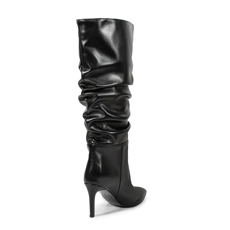 Black Pointed Toe Stiletto Heel Mid-calf Boots Slouch Boots