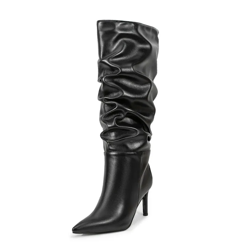 Black Pointed Toe Stiletto Heel Mid-calf Boots Slouch Boots