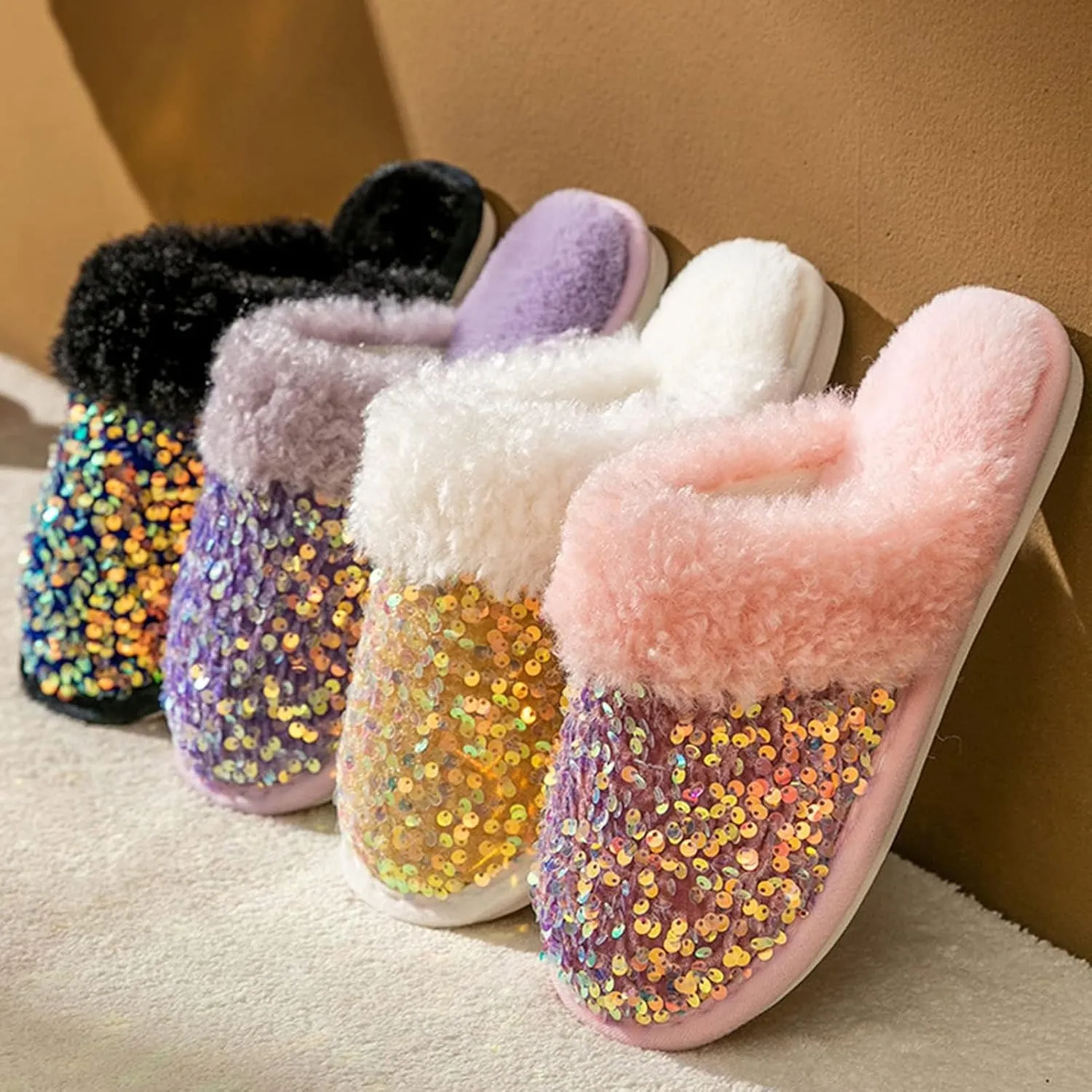 Bling Sequin Slippers for Women Fuzzy House Slip on Indoor Outdoor Bedroom Furry Fleece Lined Ladies Home Shoes Anti-Skid Rubber Hard Sole