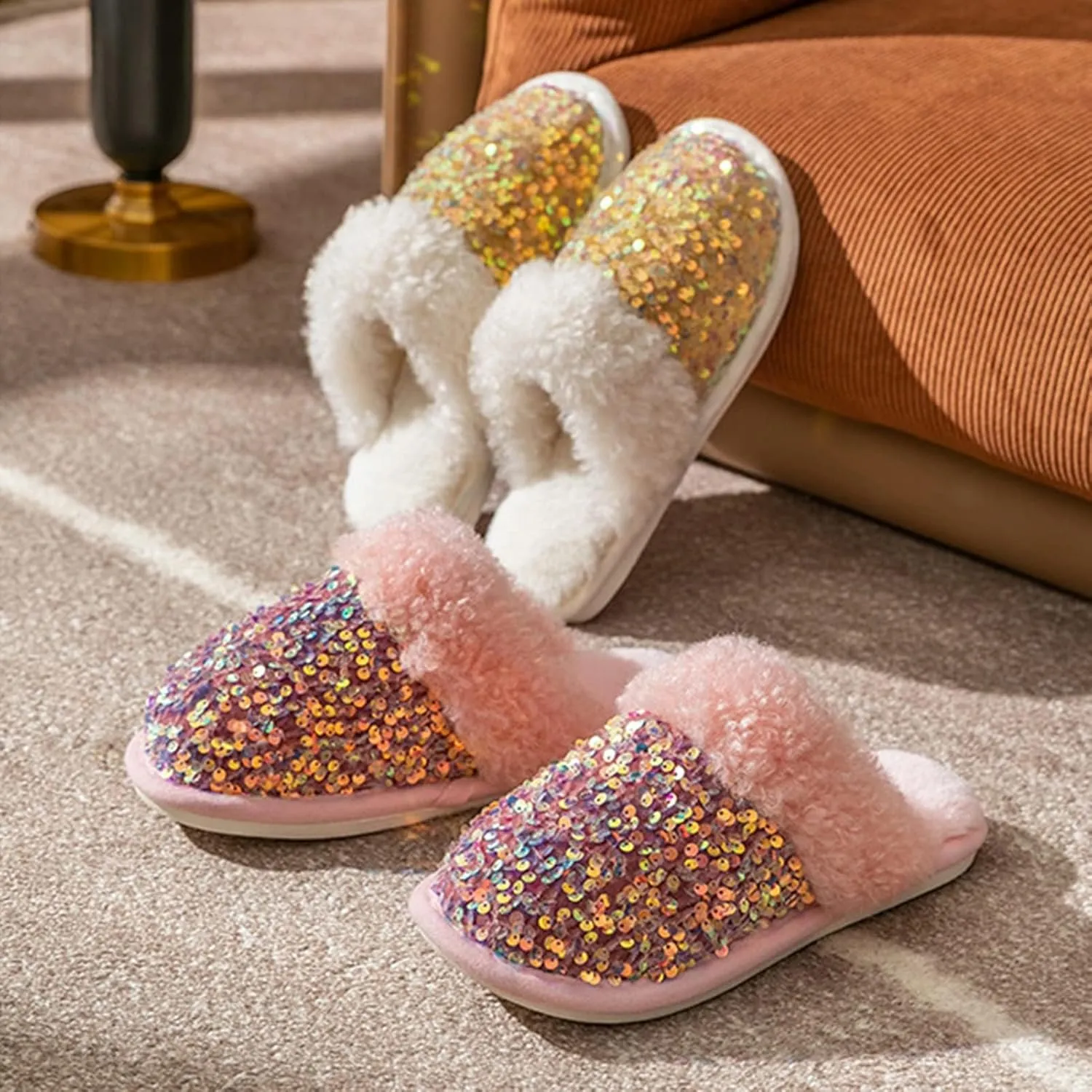 Bling Sequin Slippers for Women Fuzzy House Slip on Indoor Outdoor Bedroom Furry Fleece Lined Ladies Home Shoes Anti-Skid Rubber Hard Sole