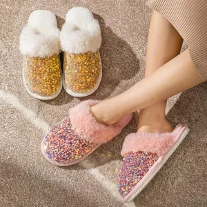 Bling Sequin Slippers for Women Fuzzy House Slip on Indoor Outdoor Bedroom Furry Fleece Lined Ladies Home Shoes Anti-Skid Rubber Hard Sole
