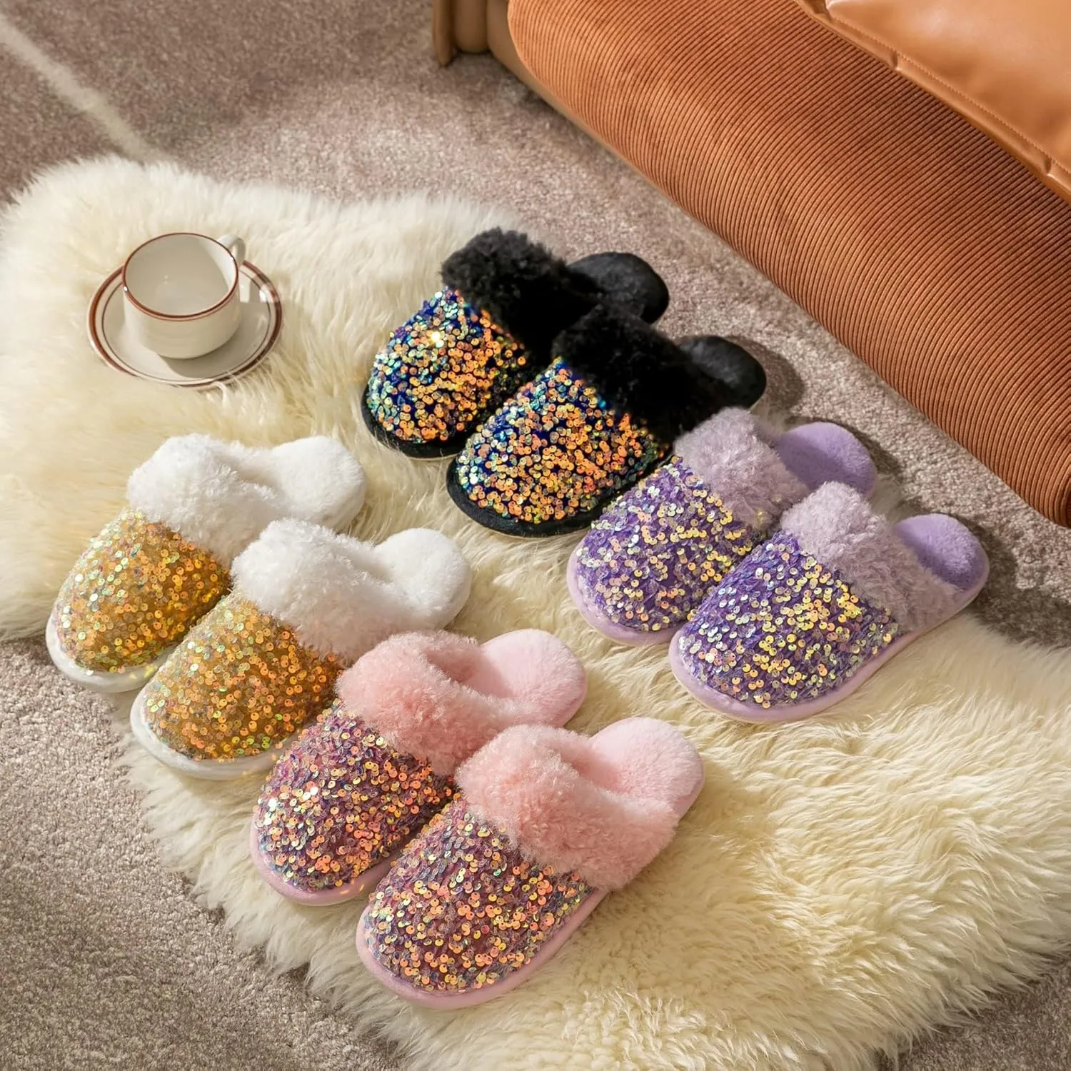 Bling Sequin Slippers for Women Fuzzy House Slip on Indoor Outdoor Bedroom Furry Fleece Lined Ladies Home Shoes Anti-Skid Rubber Hard Sole