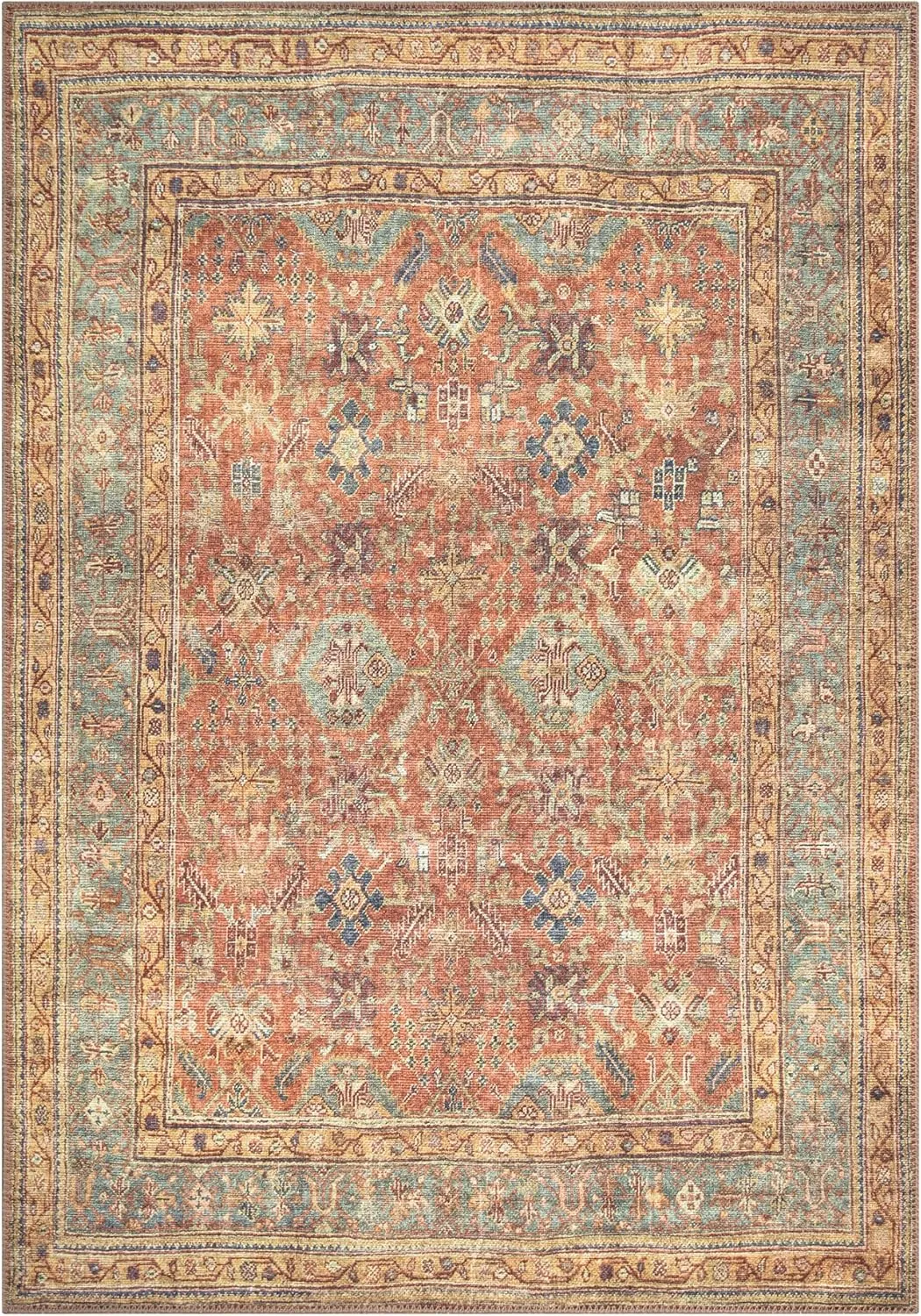 Bloom Rugs Washable Non-Slip 9' x 12' Rug - Terracotta/Mustard Traditional Area Rug for Living Room, Bedroom, Dining Room, and Kitchen - Exact Size: 9' x 12'