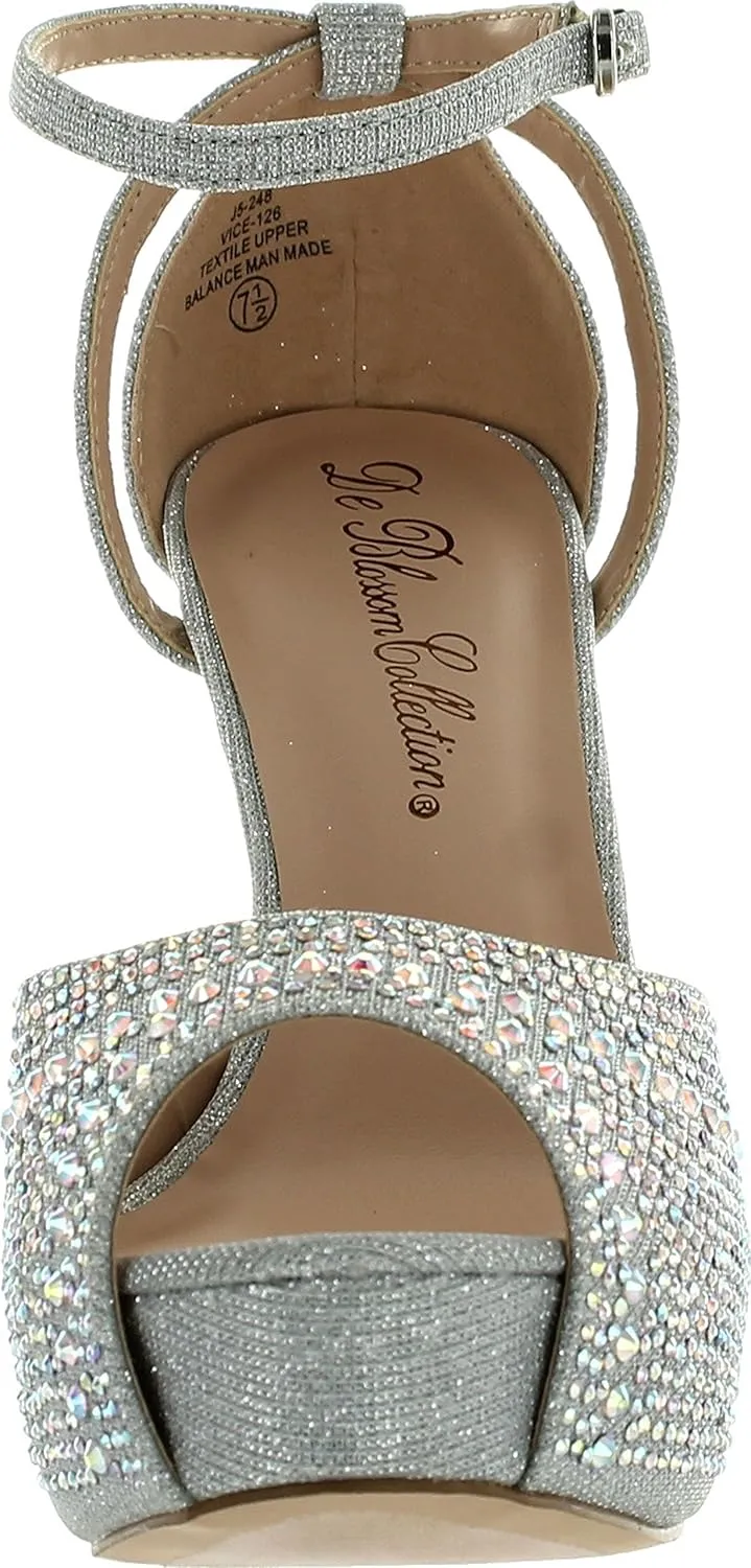 Blossom Womens Vice-126 Bridal Formal Evening Party Ankle Strap High Heel Peep Toe Glitter Sandal