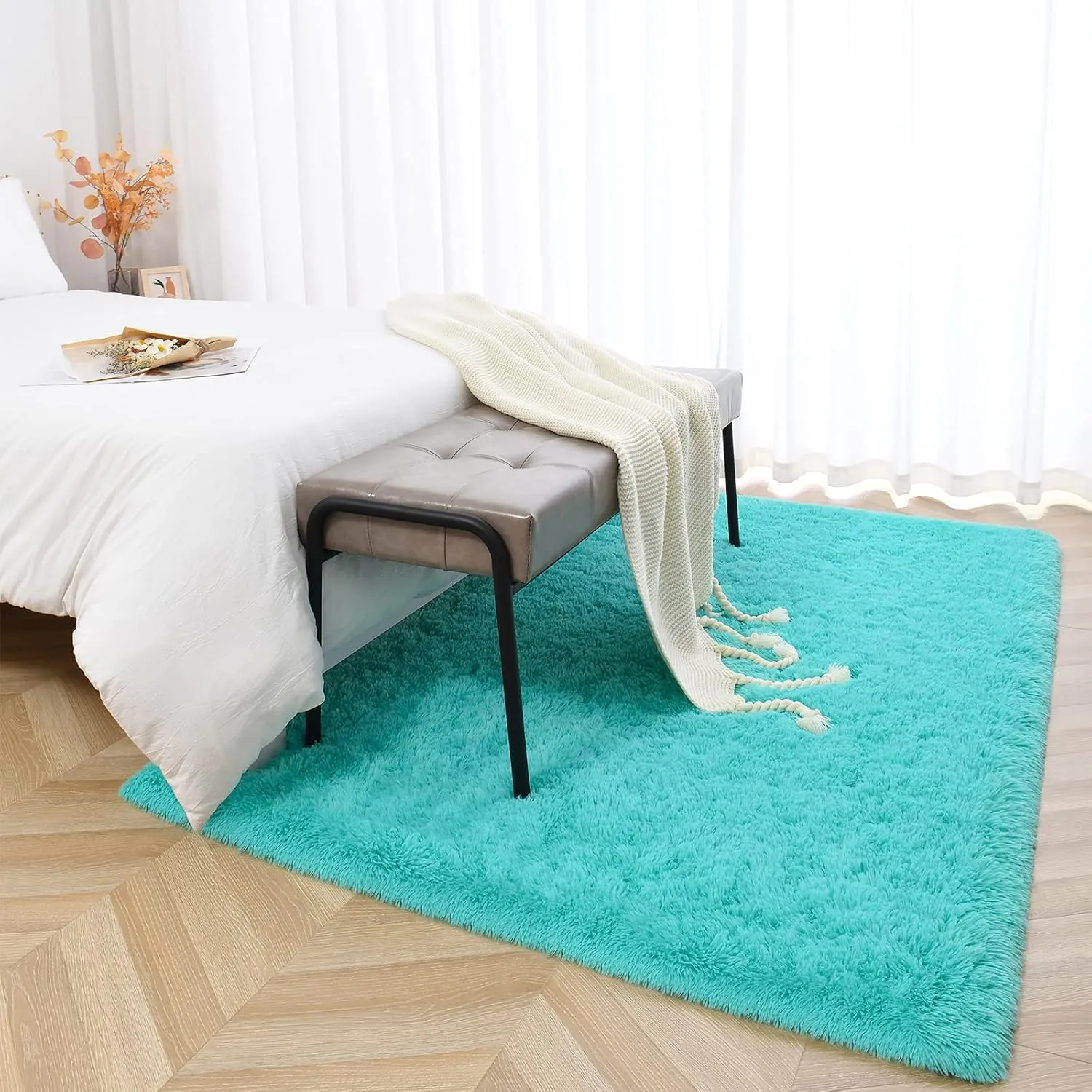 Blue Area Rugs for Bedroom Living Room, 4x5.9 Soft Non-Slip Rug Fluffy Shag, Fuzzy Indoor Shaggy Carpet for Dorm Home Decor