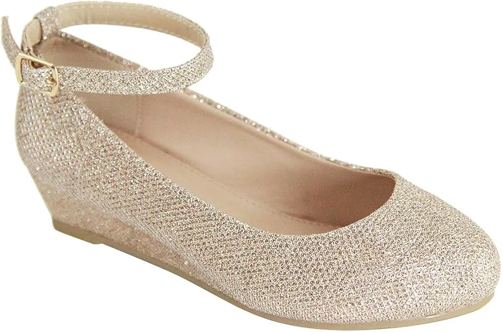 Blue Lemon Girls Glitter Ankle Strap Wedge (Little Girl/Big Girl) - Dressy, Wedding, Holiday