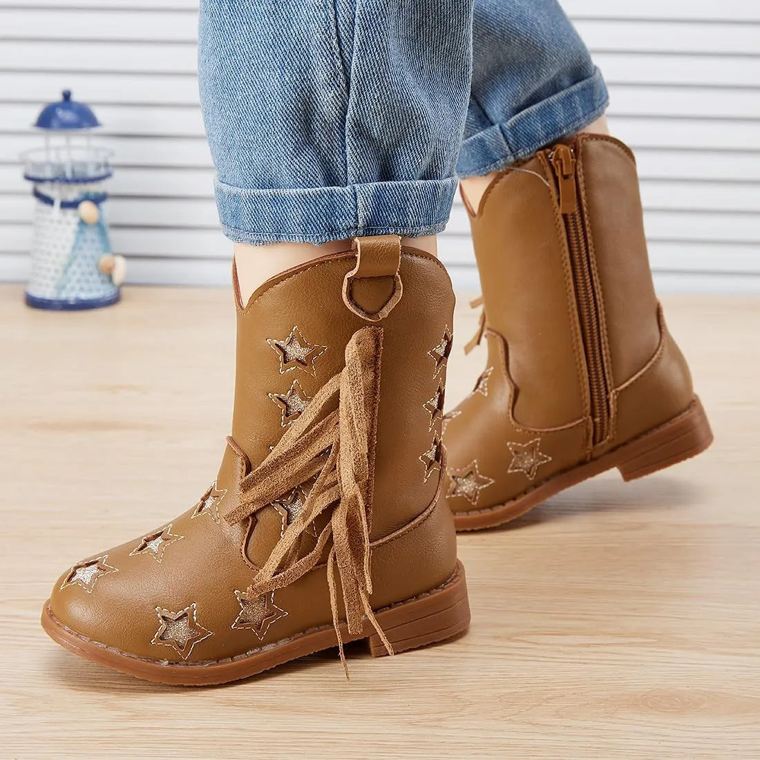 BMCiTYBM Toddler Girls Cowgirl Boots Little Kids Mid Calf Western Cowboy Pointed Toe Riding Shoes Tassels Glitter