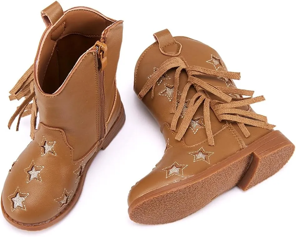BMCiTYBM Toddler Girls Cowgirl Boots Little Kids Mid Calf Western Cowboy Pointed Toe Riding Shoes Tassels Glitter