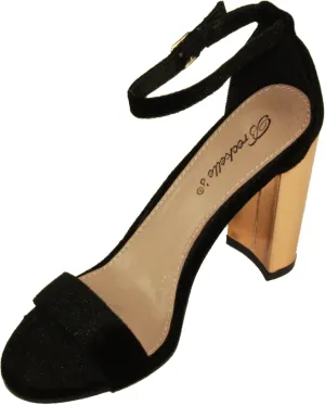 Breckelle's Women's Devie-04 Open-Toe Adjustable Ankle Strap Velvet Chunky Round High Heel Sandals (9, Black)
