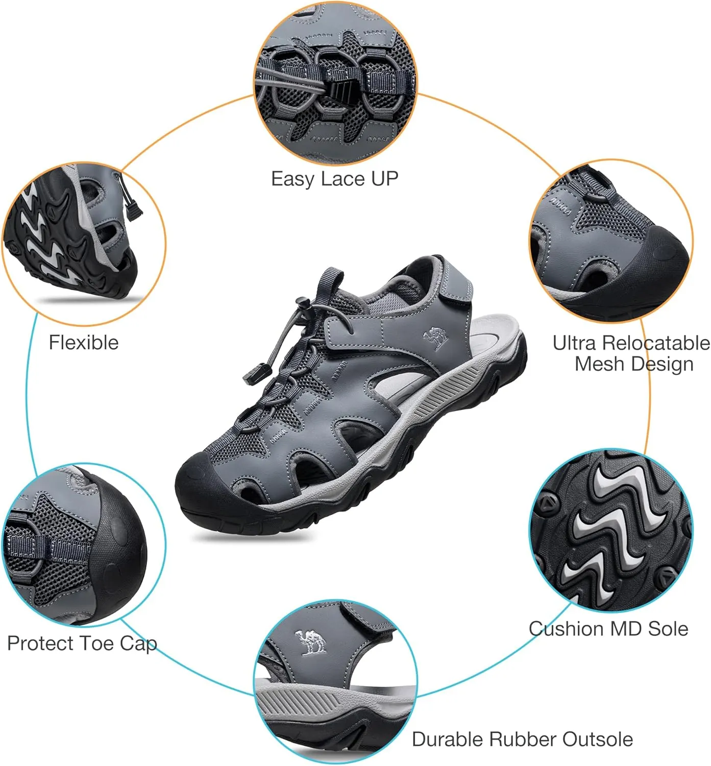 CAMEL CROWN Men's Hiking Sandals Anti-Slipping Athletic Water Shoes with Arch Support Closed Toe Outdoor Summer Camping Sandal for Beach