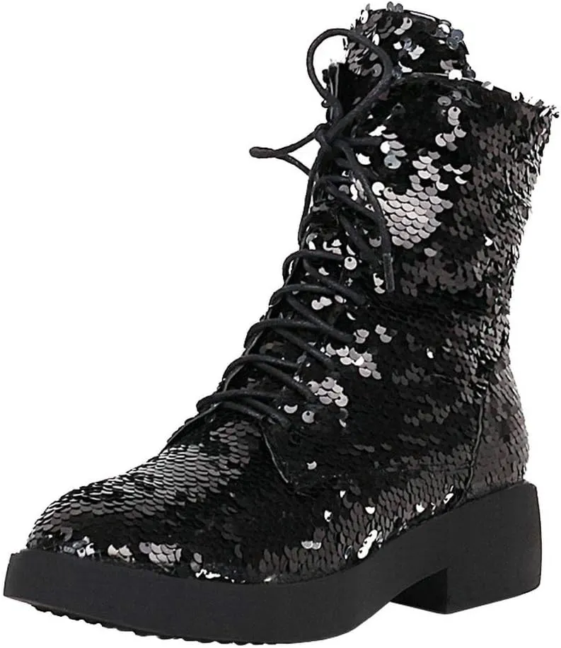 Caradise Womens Lace Up Glitter Combat Boots Chunky Heel Sequin Ankle Booties