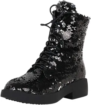 Caradise Womens Lace Up Glitter Combat Boots Chunky Heel Sequin Ankle Booties