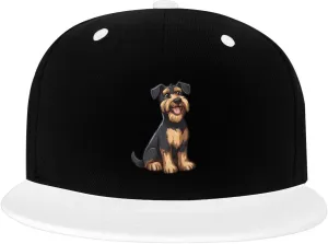 Cartoon Airedale Dog Color-Block Flat Brim Snapback Cap for Men & Women, Adjustable Hip-Hop Hat White