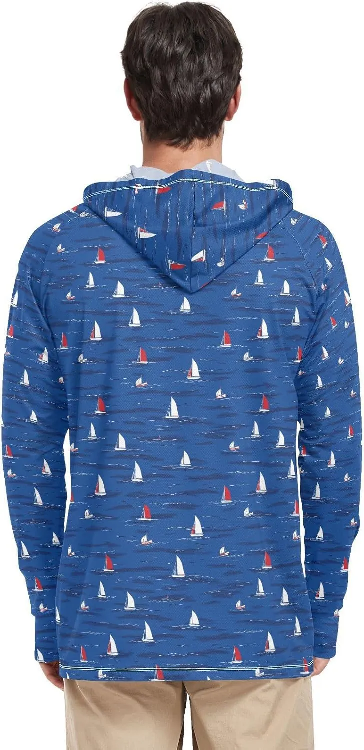 Cartoon Sailboats Sun Protection Hoodies Long Sleeve UPF 50 Mens Sun Shirt Active Wear Hooded Rashguard for Men