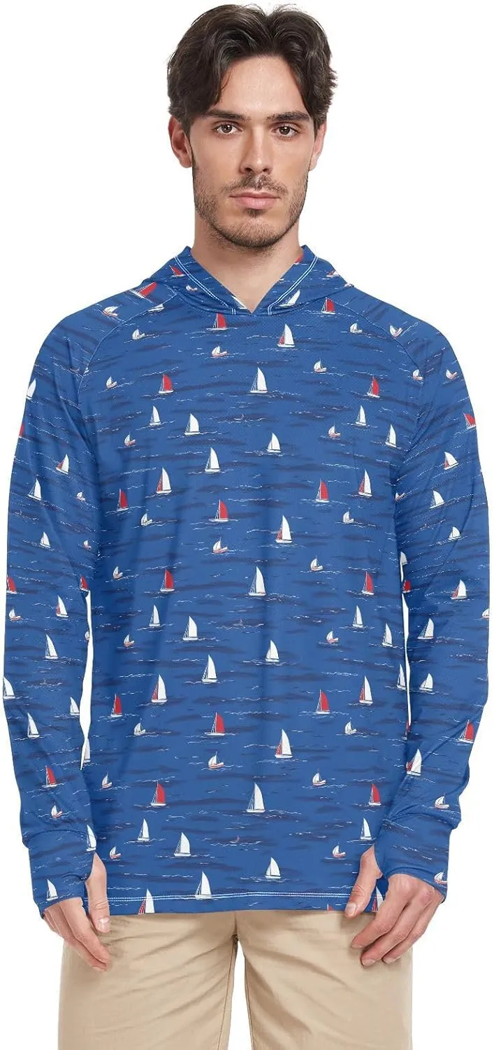 Cartoon Sailboats Sun Protection Hoodies Long Sleeve UPF 50 Mens Sun Shirt Active Wear Hooded Rashguard for Men