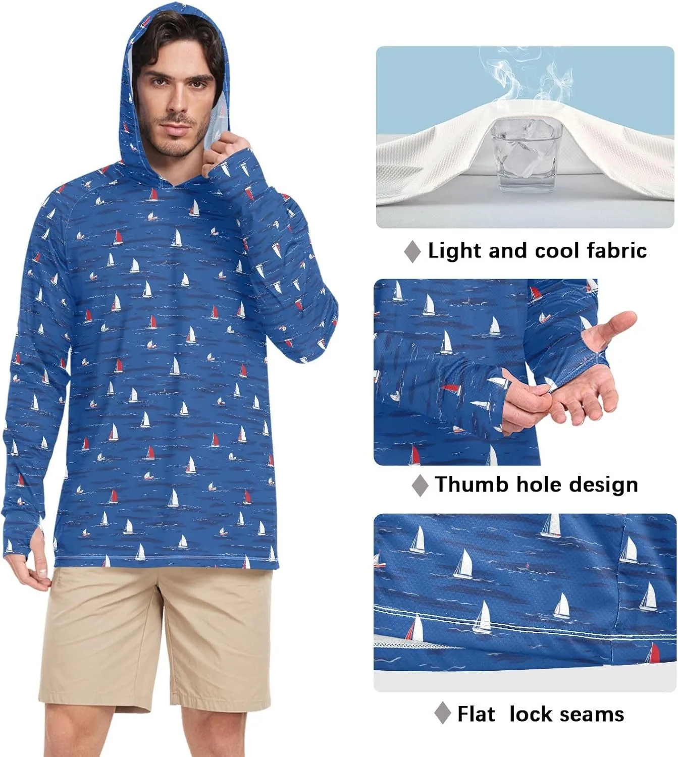 Cartoon Sailboats Sun Protection Hoodies Long Sleeve UPF 50 Mens Sun Shirt Active Wear Hooded Rashguard for Men