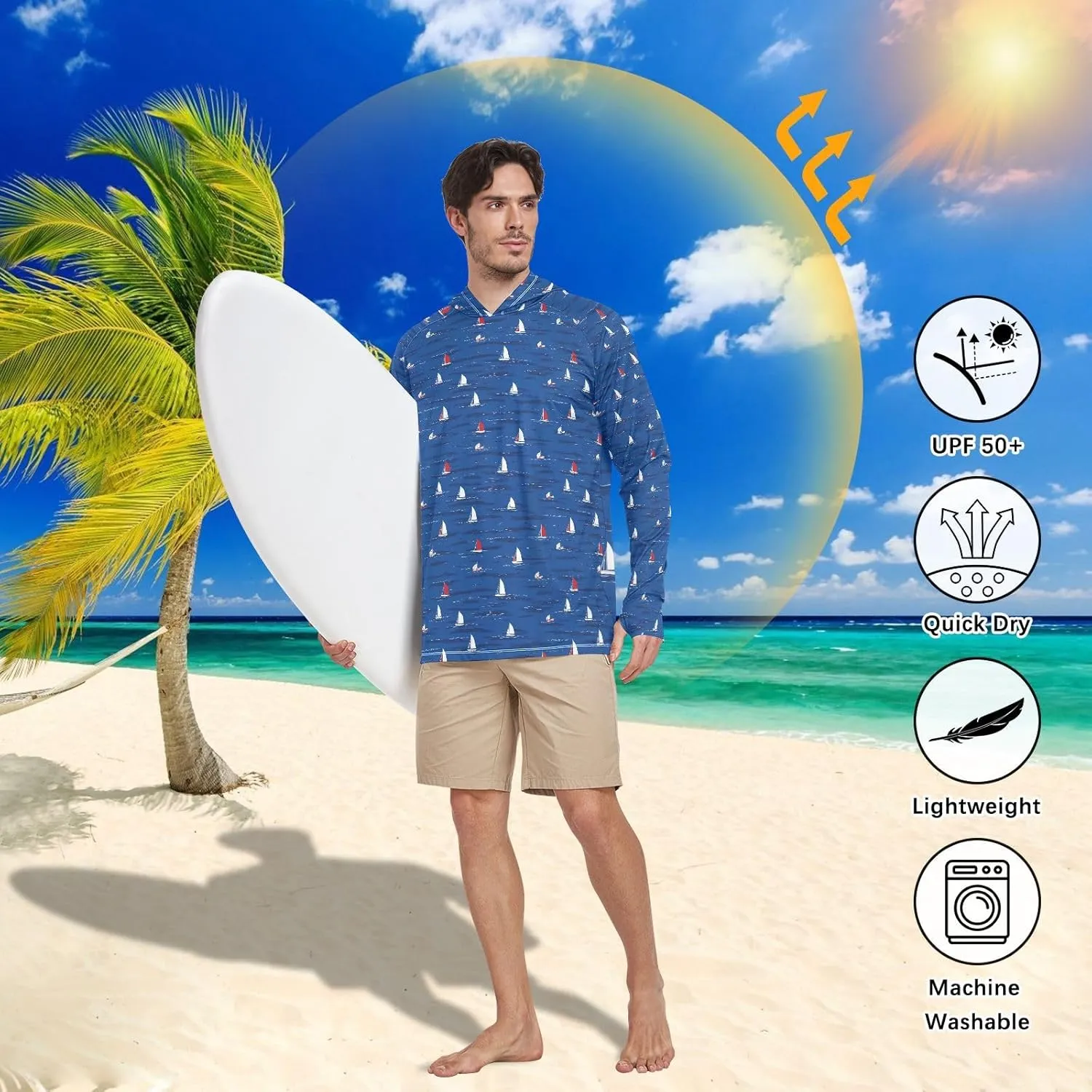 Cartoon Sailboats Sun Protection Hoodies Long Sleeve UPF 50 Mens Sun Shirt Active Wear Hooded Rashguard for Men