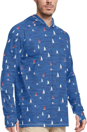 Cartoon Sailboats Sun Protection Hoodies Long Sleeve UPF 50 Mens Sun Shirt Active Wear Hooded Rashguard for Men