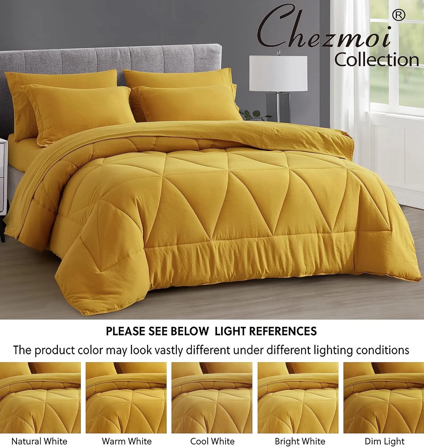 Chezmoi Collection Jasper Mustard Yellow Oversized King Bed in a Bag 7-Pieces Triangle Geometric Quilted Stone Washed Microfiber Comforter with Sheets Lightweight All Season Bedding Set