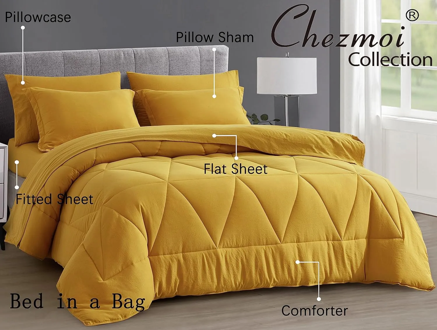 Chezmoi Collection Jasper Mustard Yellow Oversized King Bed in a Bag 7-Pieces Triangle Geometric Quilted Stone Washed Microfiber Comforter with Sheets Lightweight All Season Bedding Set